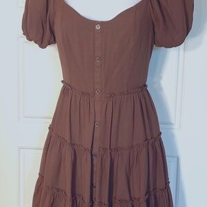 Trixxi Brown Tiered On/Off Shoulder Boho Peasant Party Dress S